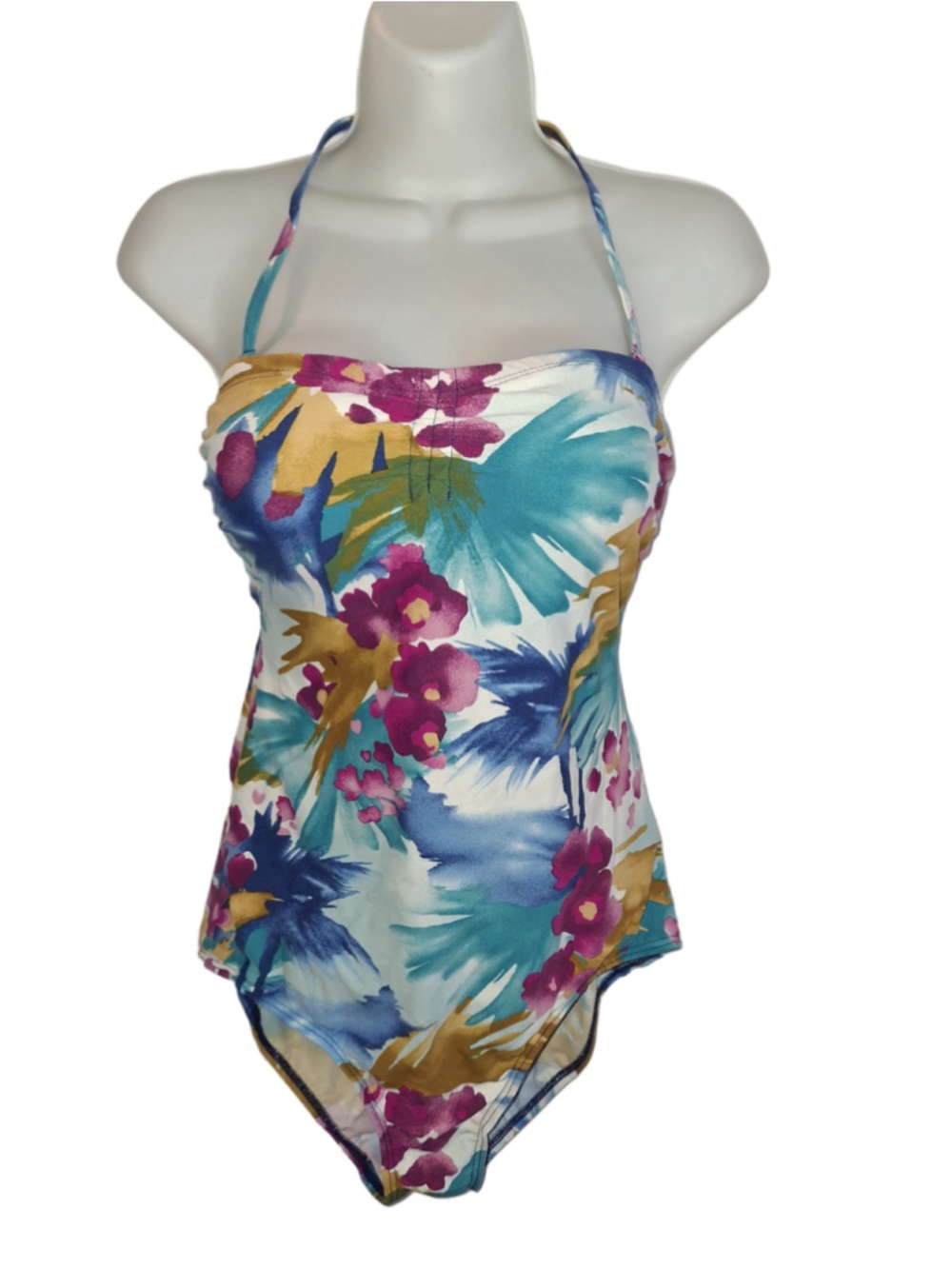 Jantzen classics vintage Blue Pink Floral Halter One Piece Swimsuit Size 10